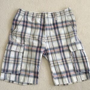 Old Navy Plaid Cargo Shorts in White, Blue, Tan